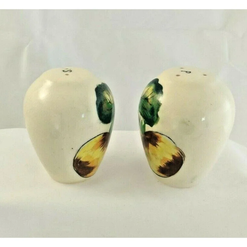 Rare Vintage Pottery Salt & Pepper Shaker Set Painted vegetables  S & P Letters